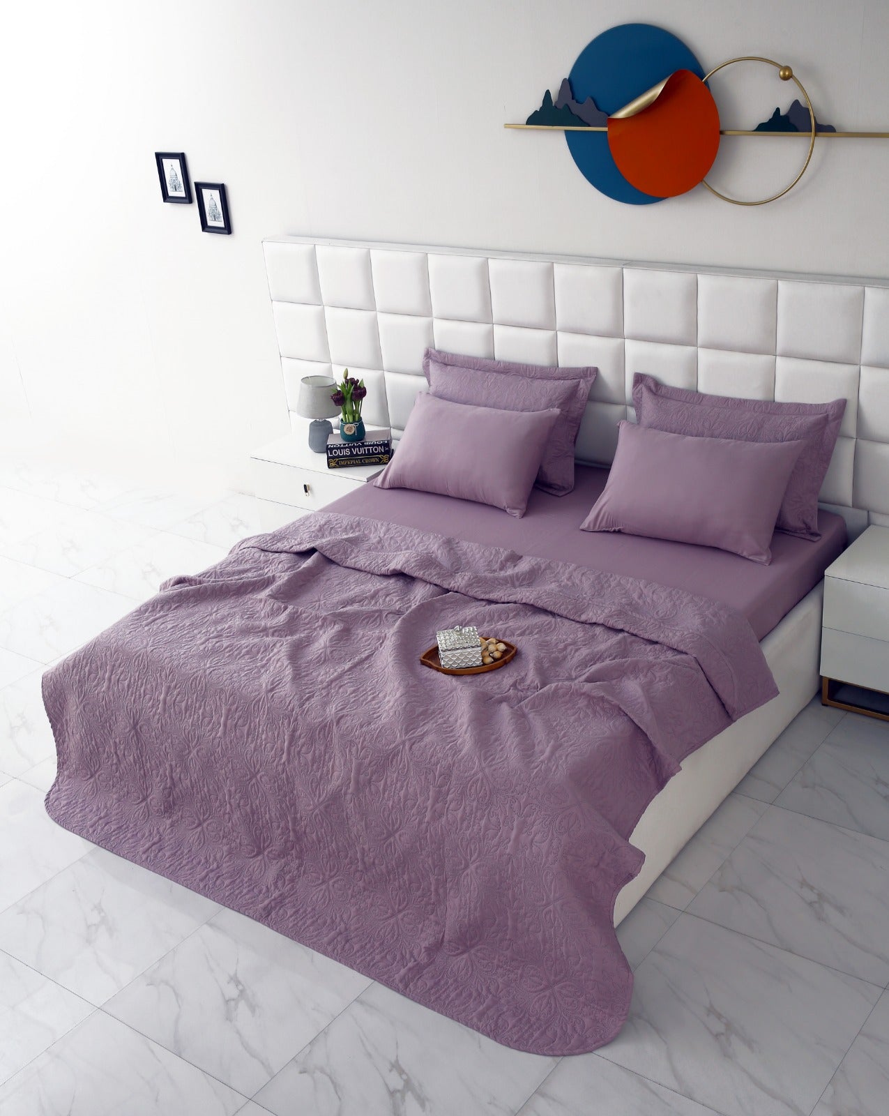 6 PCs Luxury Bed Spread Set-Lilac Bed Spread Apricot