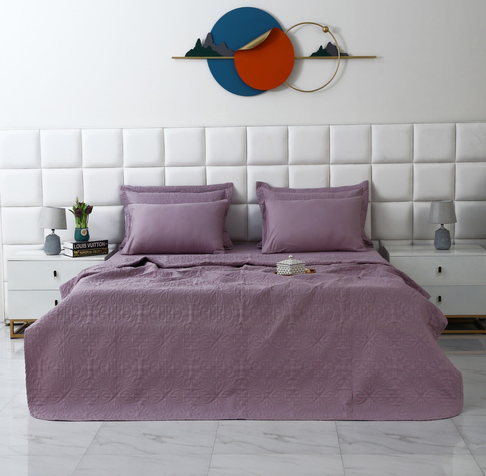 6 PCs Luxury Bed Spread Set-Lilac Bed Spread Apricot