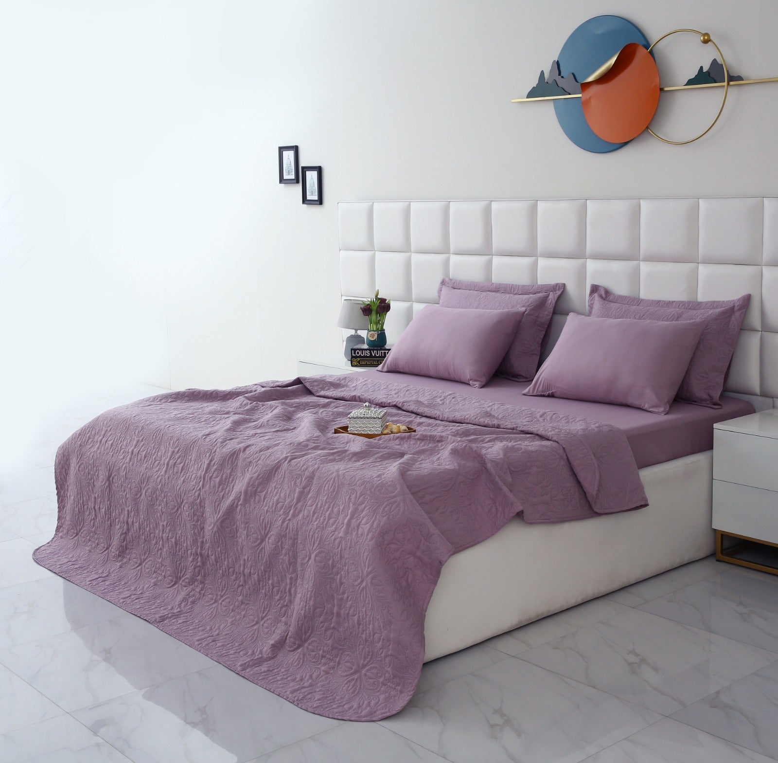 6 PCs Luxury Bed Spread Set-Lilac Bed Spread Apricot