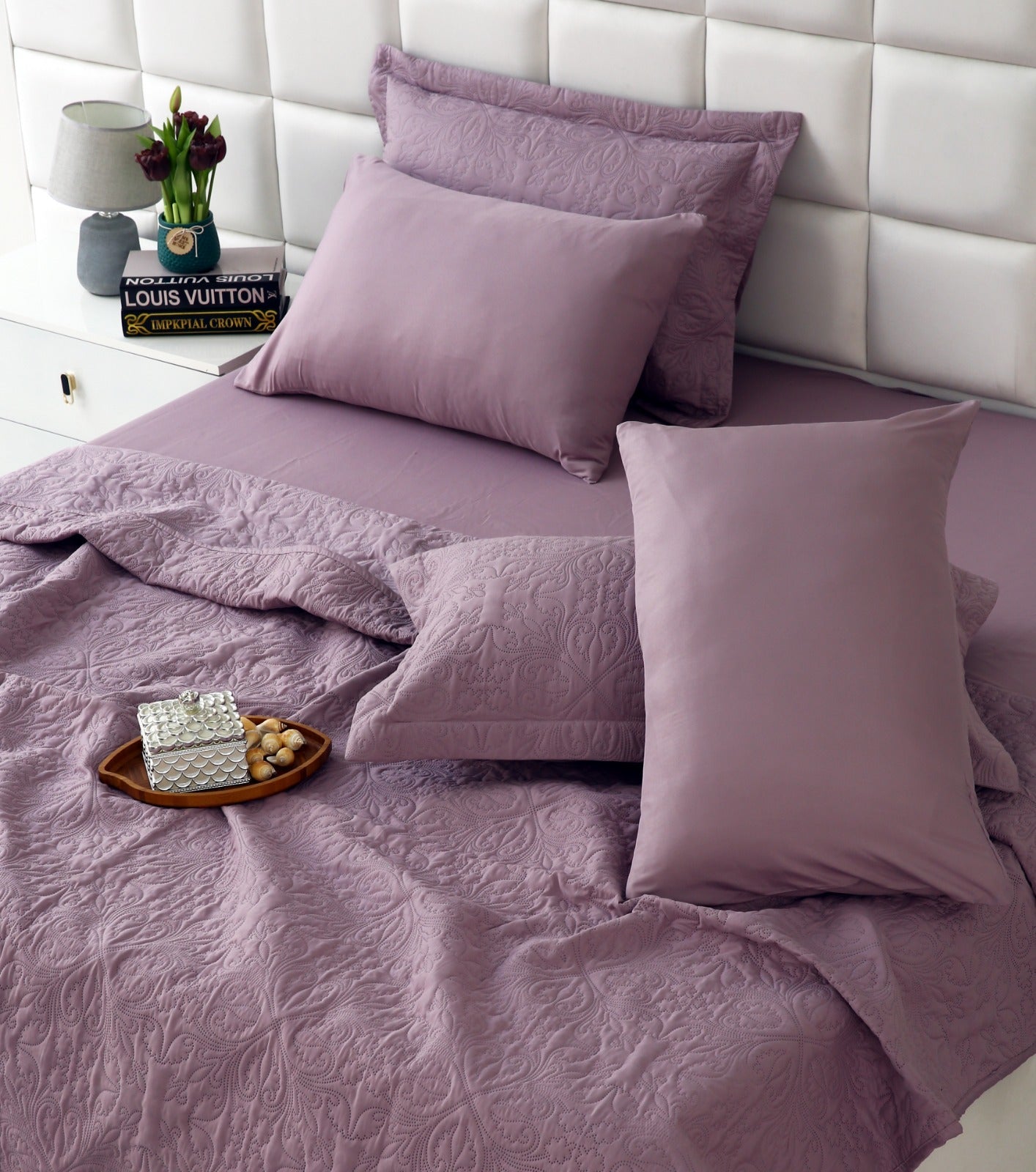 6 PCs Luxury Bed Spread Set-Lilac Bed Spread Apricot