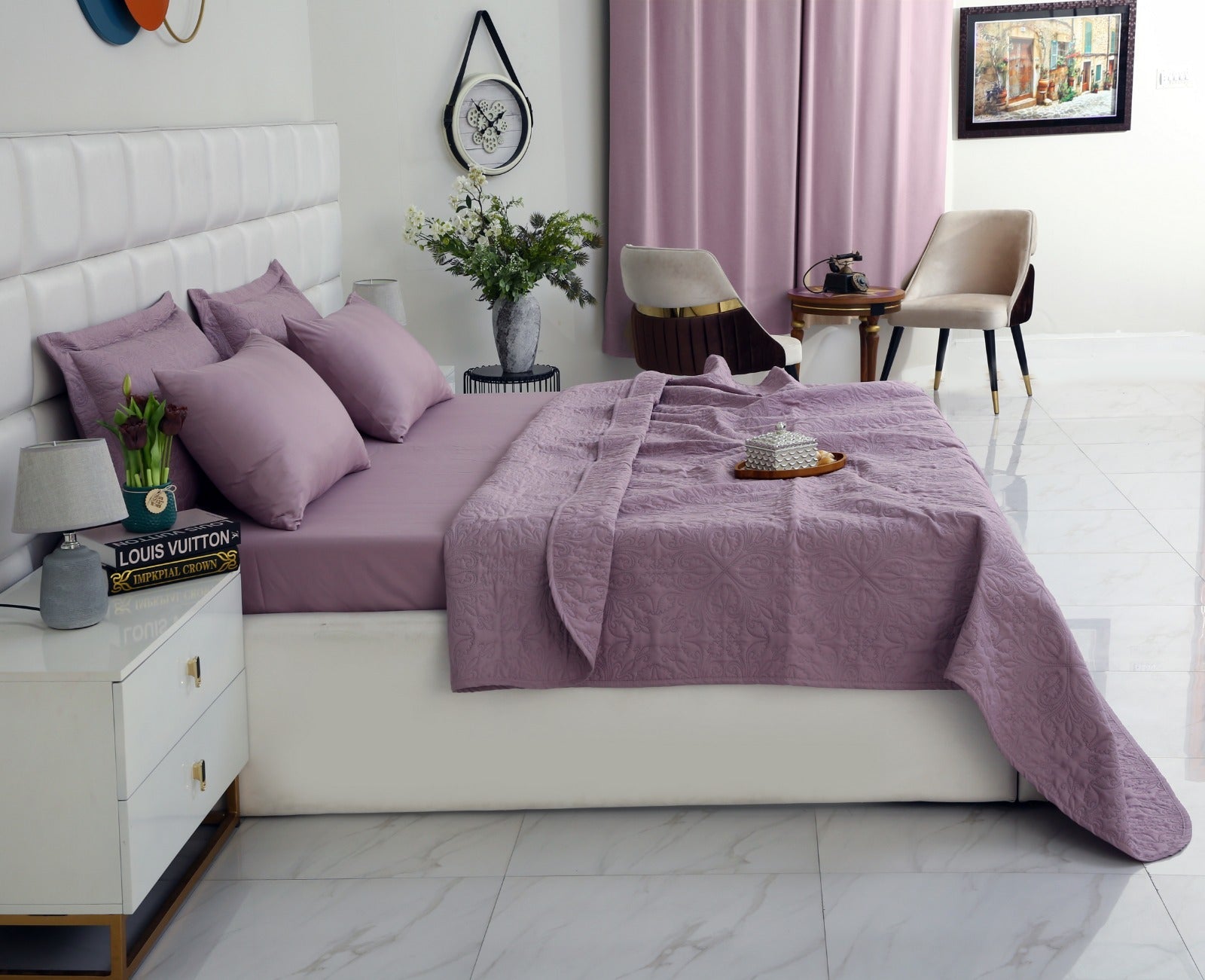 6 PCs Luxury Bed Spread Set-Lilac Bed Spread Apricot