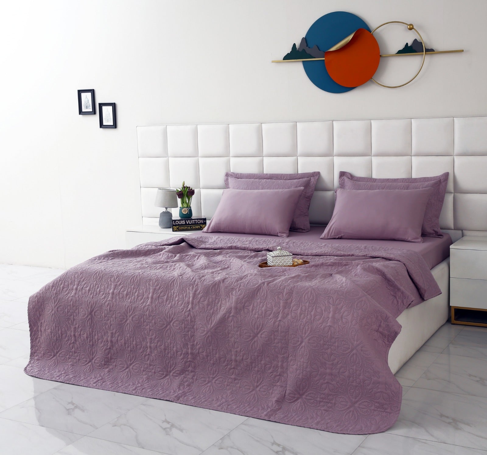 6 PCs Luxury Bed Spread Set-Lilac Bed Spread Apricot