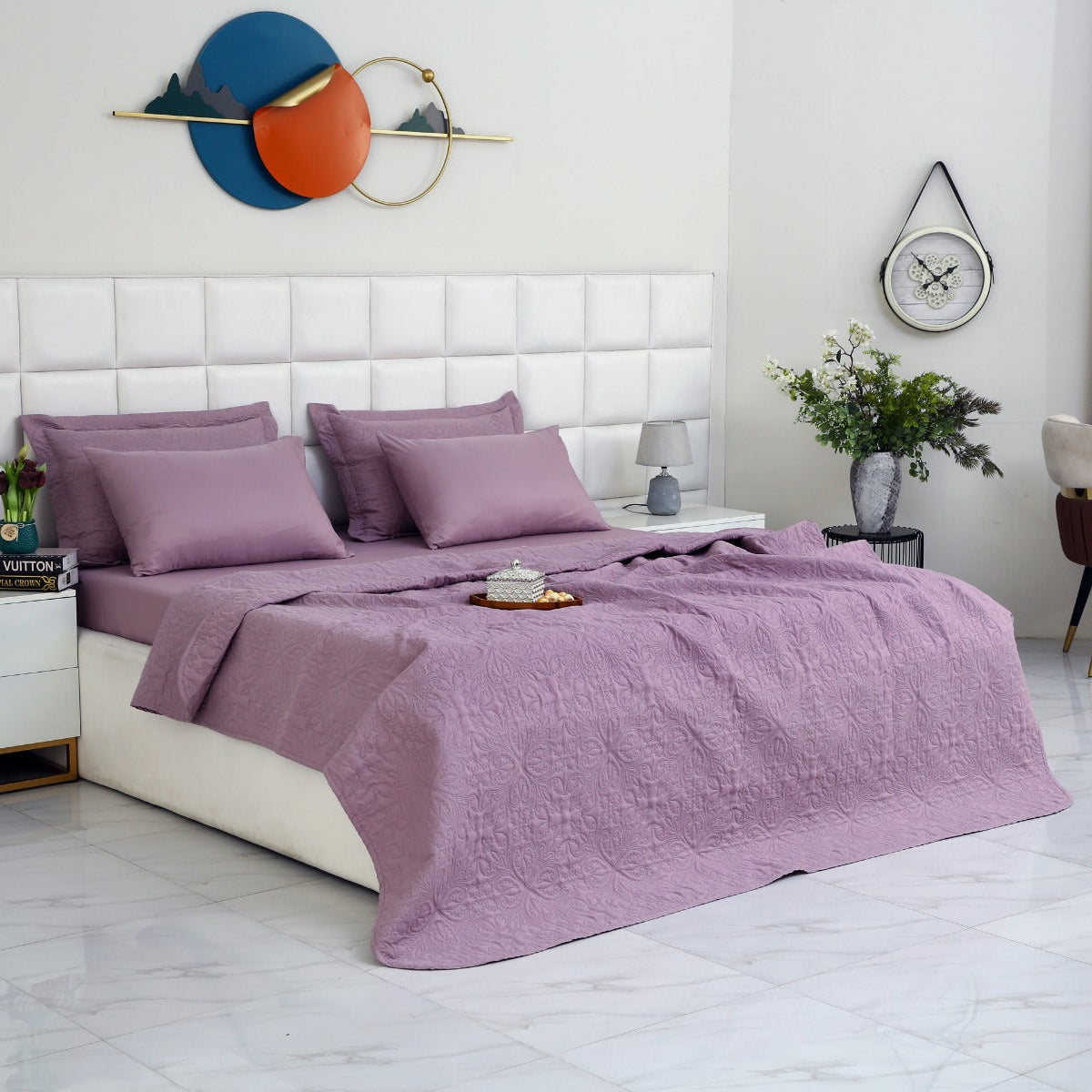 6 PCs Luxury Bed Spread Set-Lilac Bed Spread Apricot