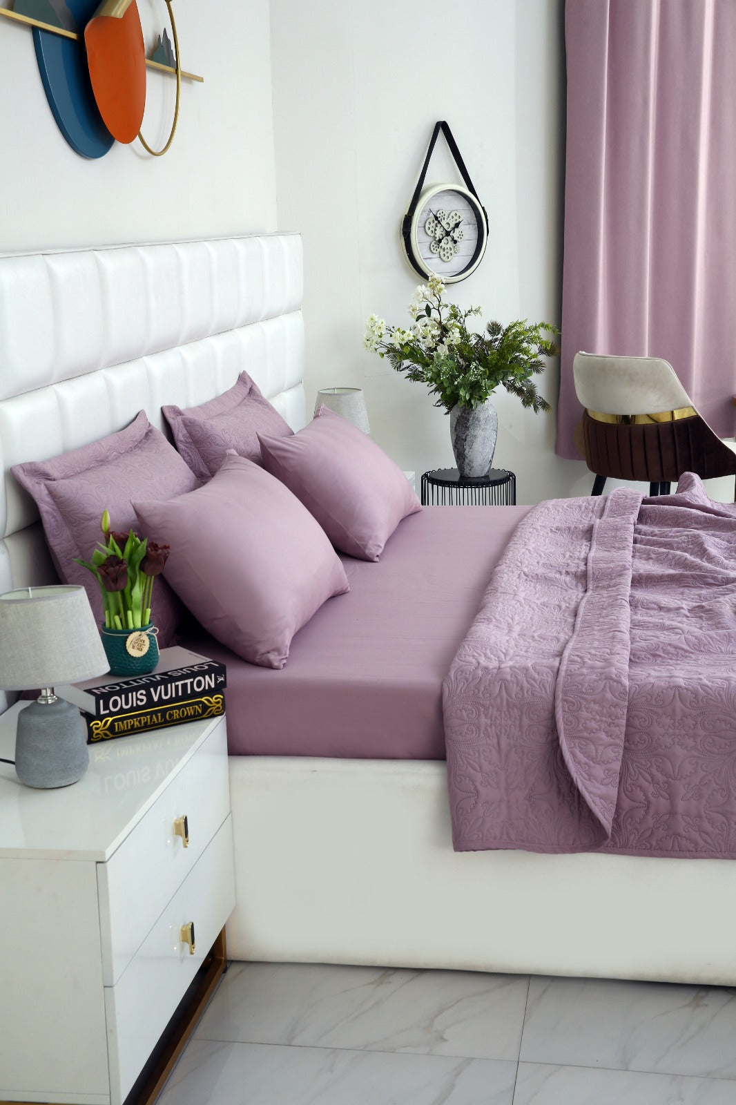 6 PCs Luxury Bed Spread Set-Lilac Bed Spread Apricot