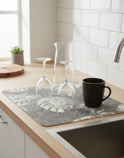 Anti Slip Dish Drying Mat-Grey Leaf Rugs Apricot