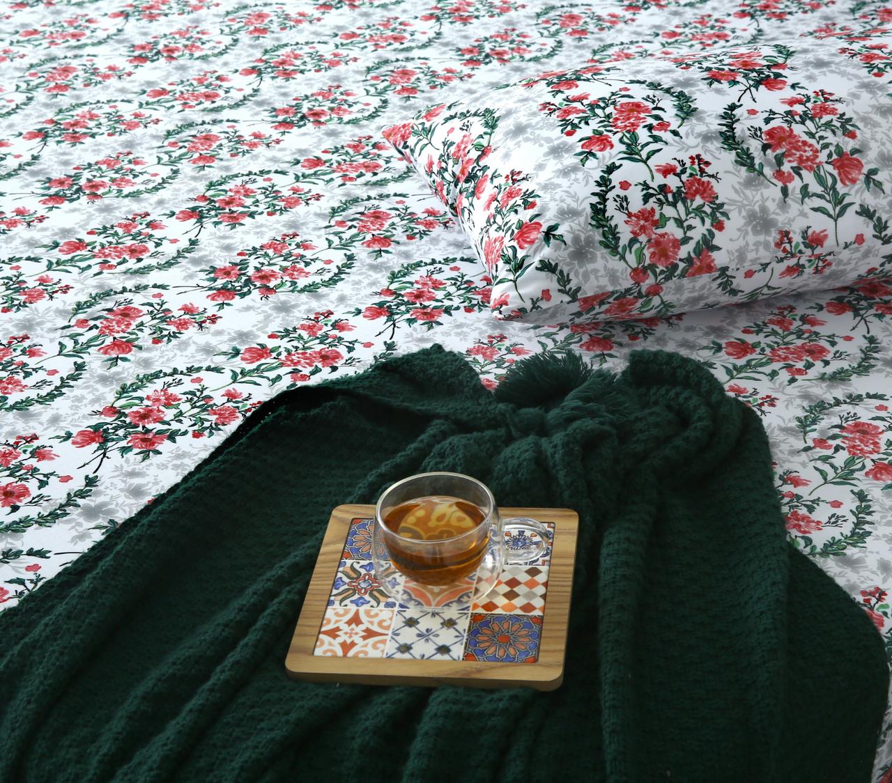 3 PCs Double Bed Sheet-Emerald Blooms BED SHEET Apricot