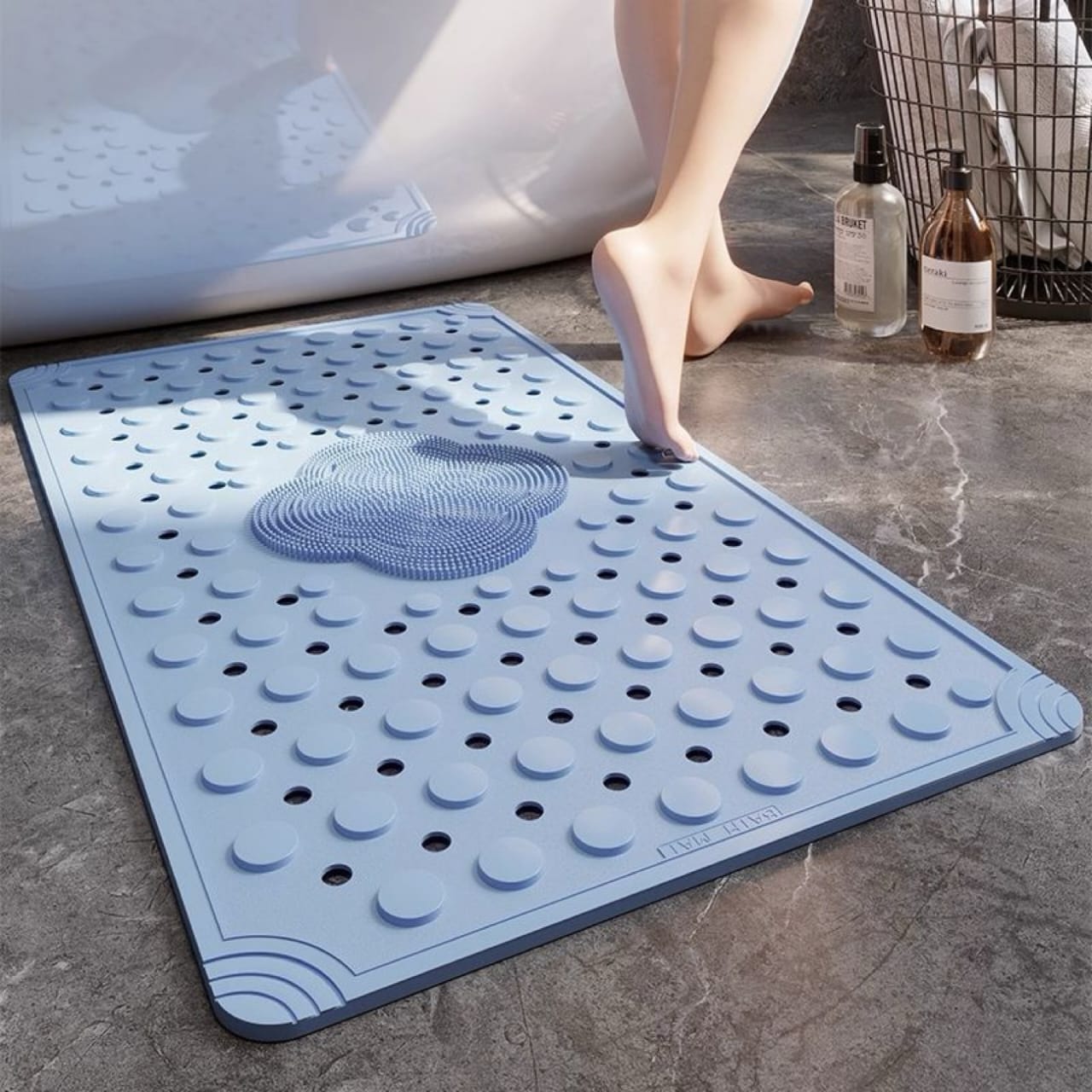 Anti Slip PVC Bathroom Mat With Foot Scrubber (SA2510-114)Sky Blue Bath Mats Apricot
