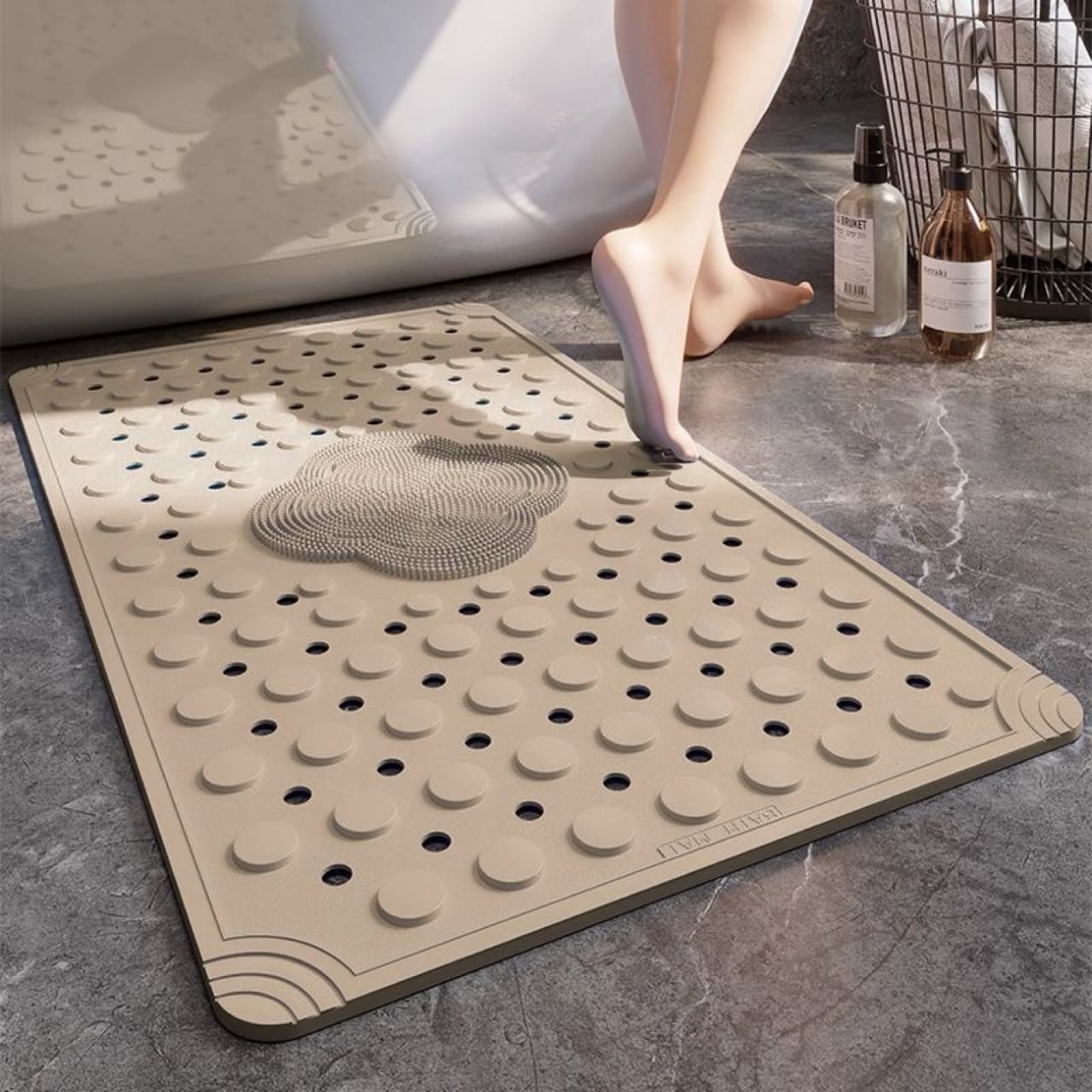 Anti Slip PVC Bathroom Mat With Foot Scrubber (SA2510-114)Beige Bath Mats Apricot
