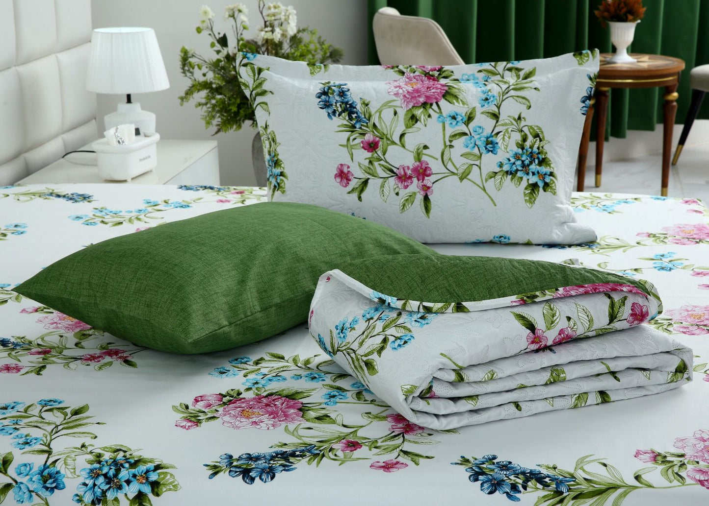 6 PCs Bed Spread Set- Green Lotus Bed Spread Apricot
