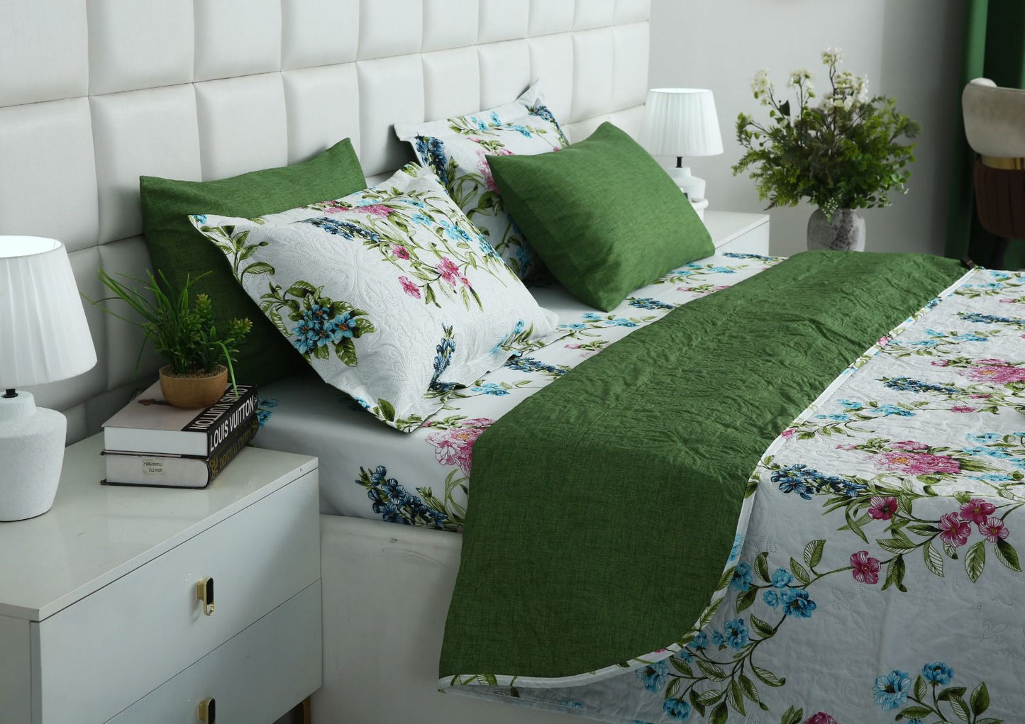 6 PCs Bed Spread Set- Green Lotus Bed Spread Apricot