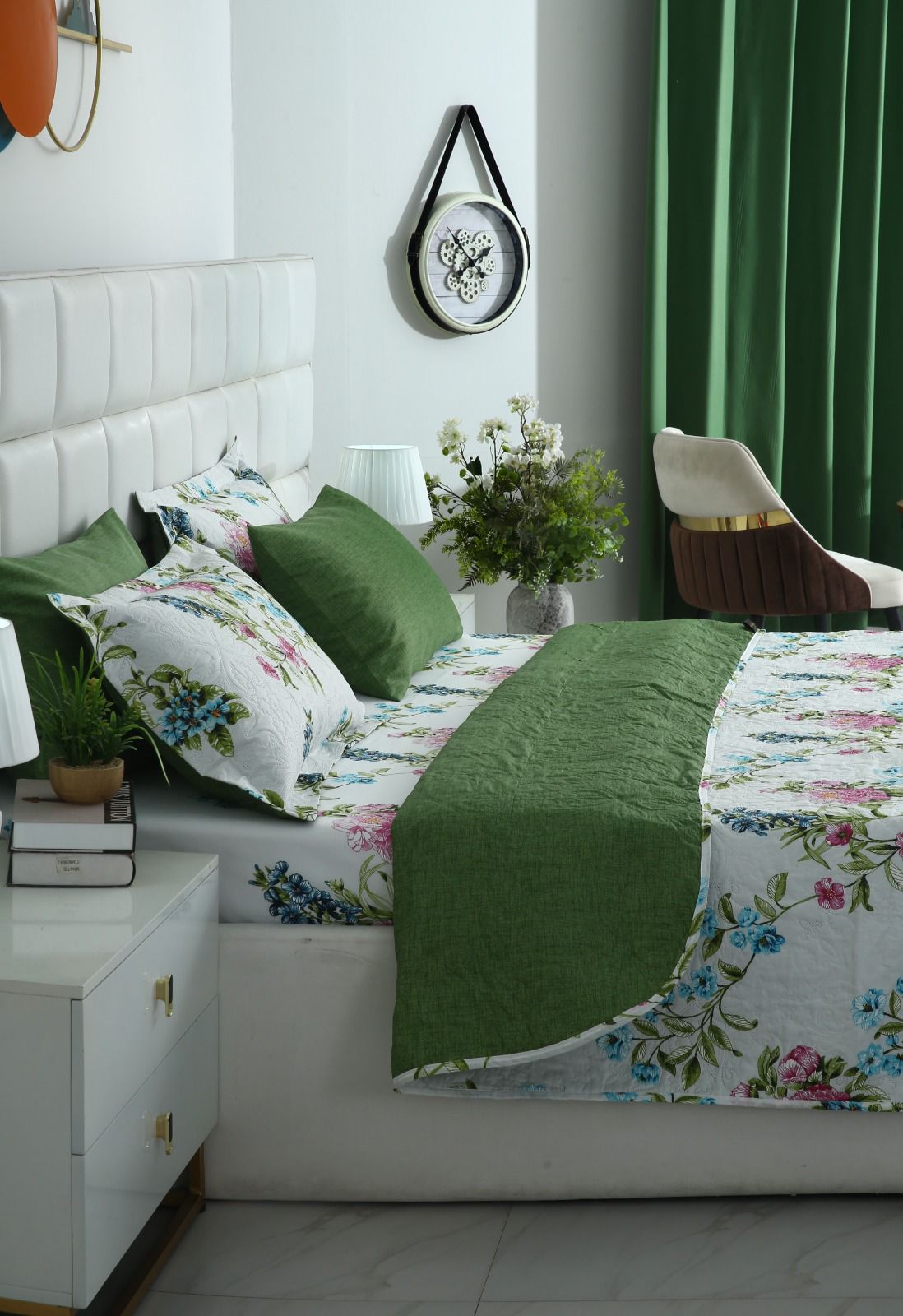 6 PCs Bed Spread Set- Green Lotus Bed Spread Apricot