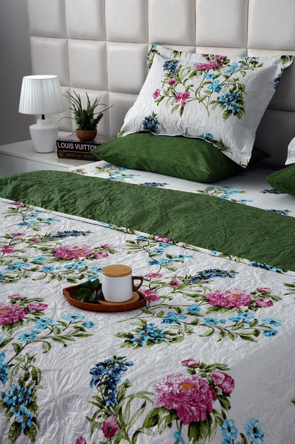 6 PCs Bed Spread Set- Green Lotus Bed Spread Apricot