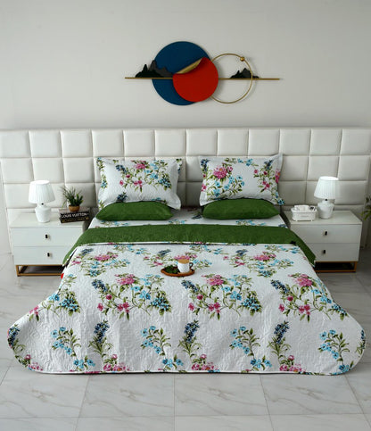 6 PCs Bed Spread Set- Green Lotus Bed Spread Apricot