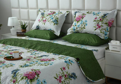 6 PCs Bed Spread Set- Green Lotus Bed Spread Apricot