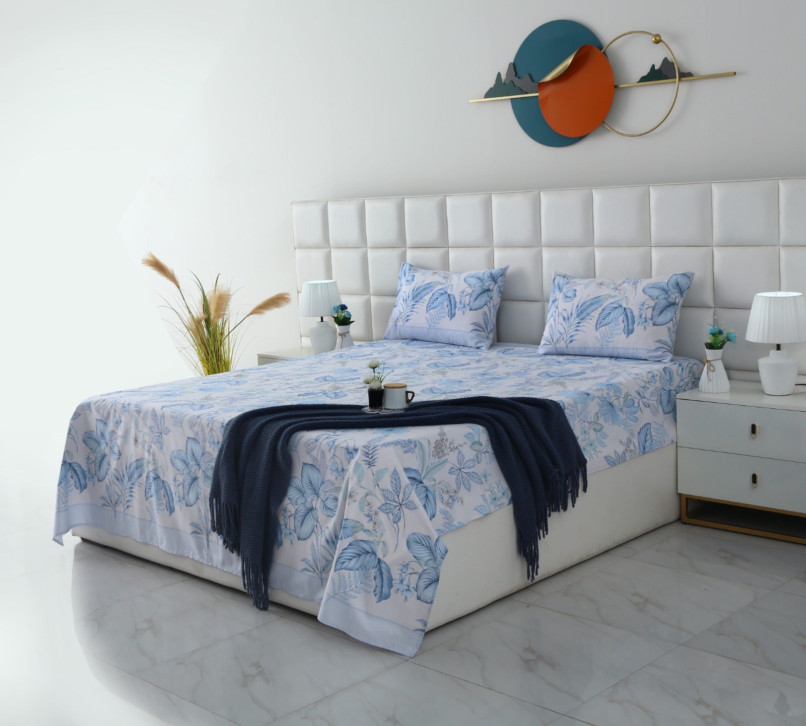 3 PCs Double Bed Sheet With Same Packing-Blue hawaii Bed Sheets Apricot