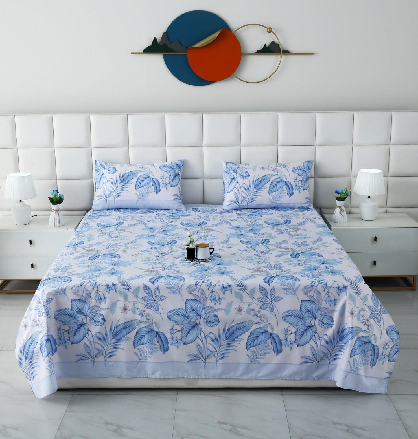 3 PCs Double Bed Sheet With Same Packing-Blue hawaii Bed Sheets Apricot