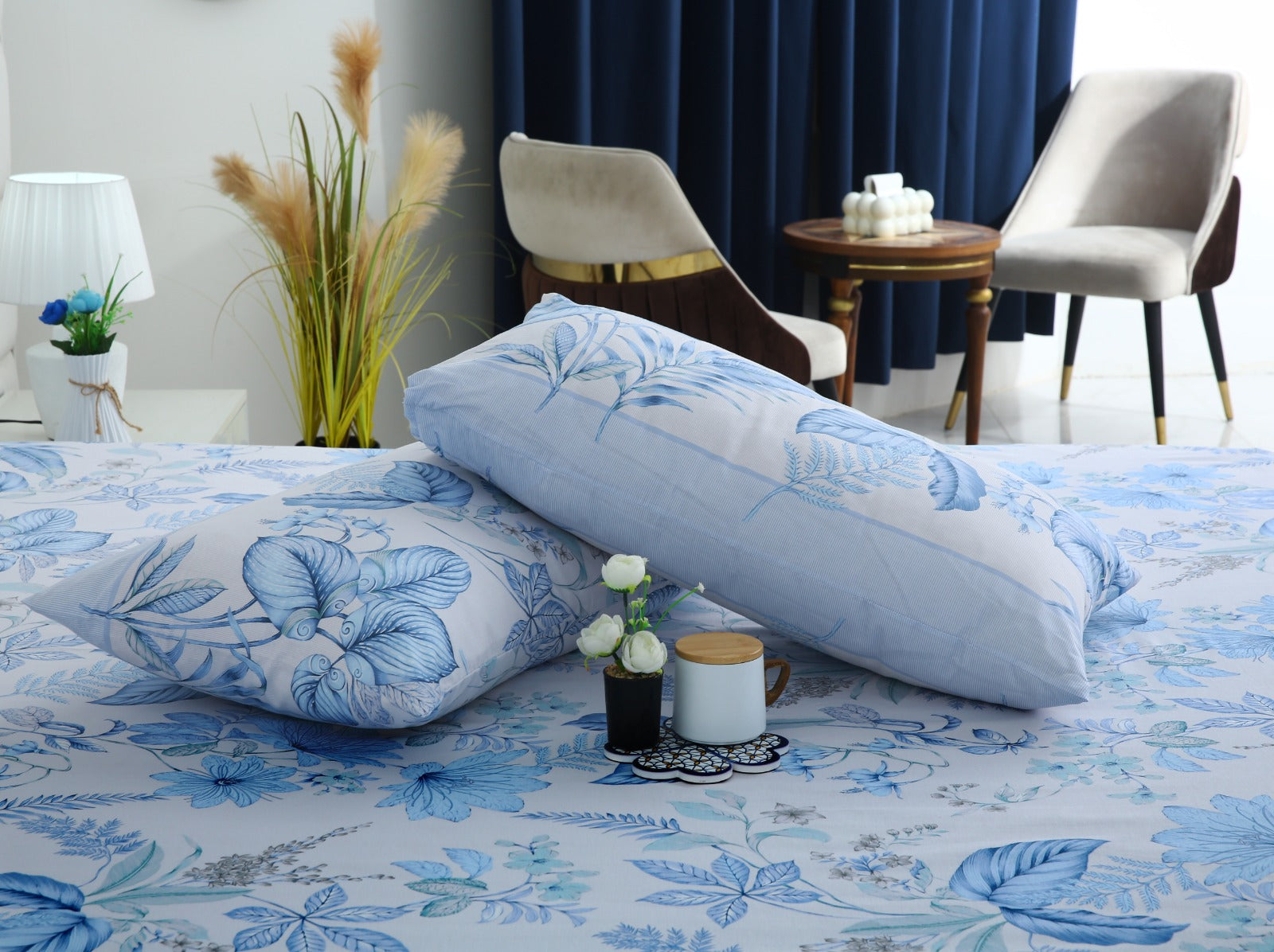 3 PCs Double Bed Sheet With Same Packing-Blue hawaii Bed Sheets Apricot