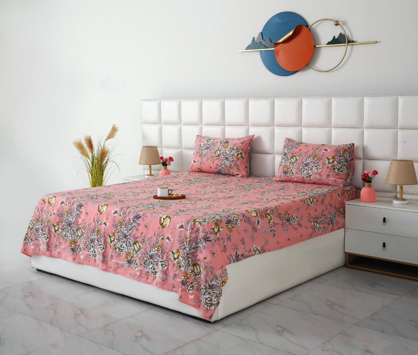3 PCs Double Bed Sheet With Same Packing- Beatrice Vintage Bed Sheets Apricot