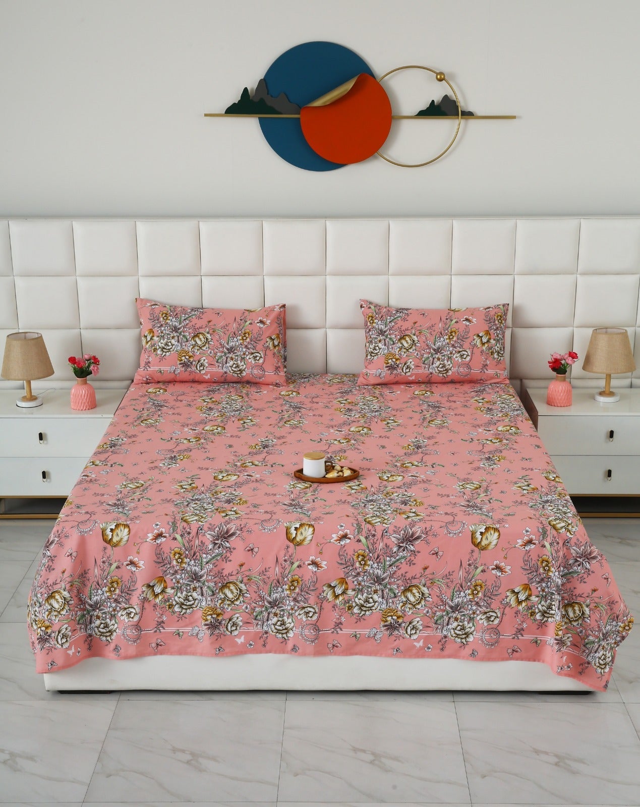 3 PCs Double Bed Sheet With Same Packing- Beatrice Vintage Bed Sheets Apricot