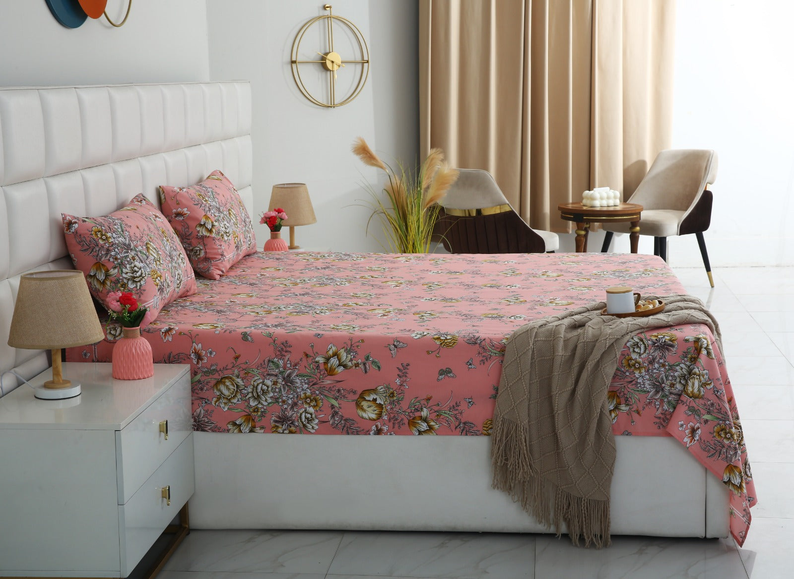 3 PCs Double Bed Sheet With Same Packing- Beatrice Vintage Bed Sheets Apricot