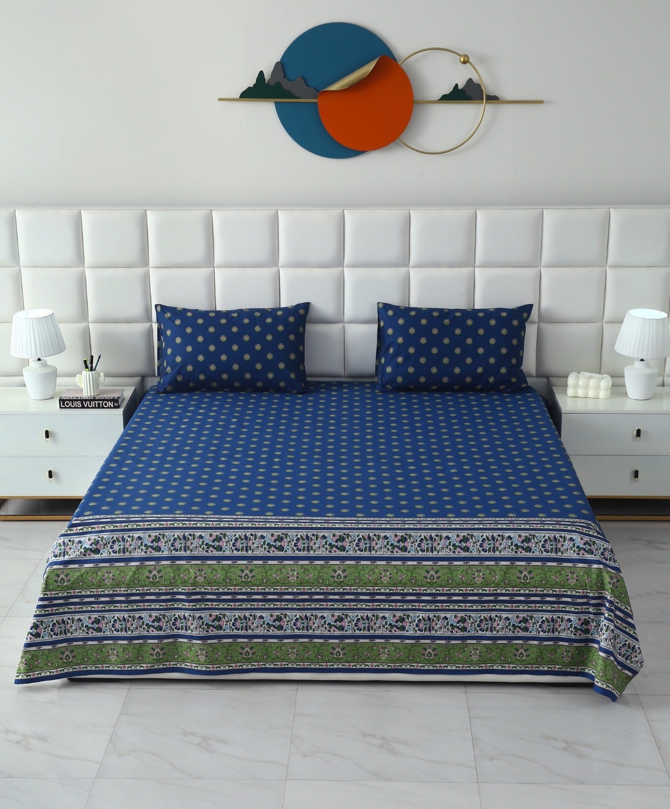 3 PCs Double Bed Sheet With Same Packing- Blue Motives Bed Sheets Apricot