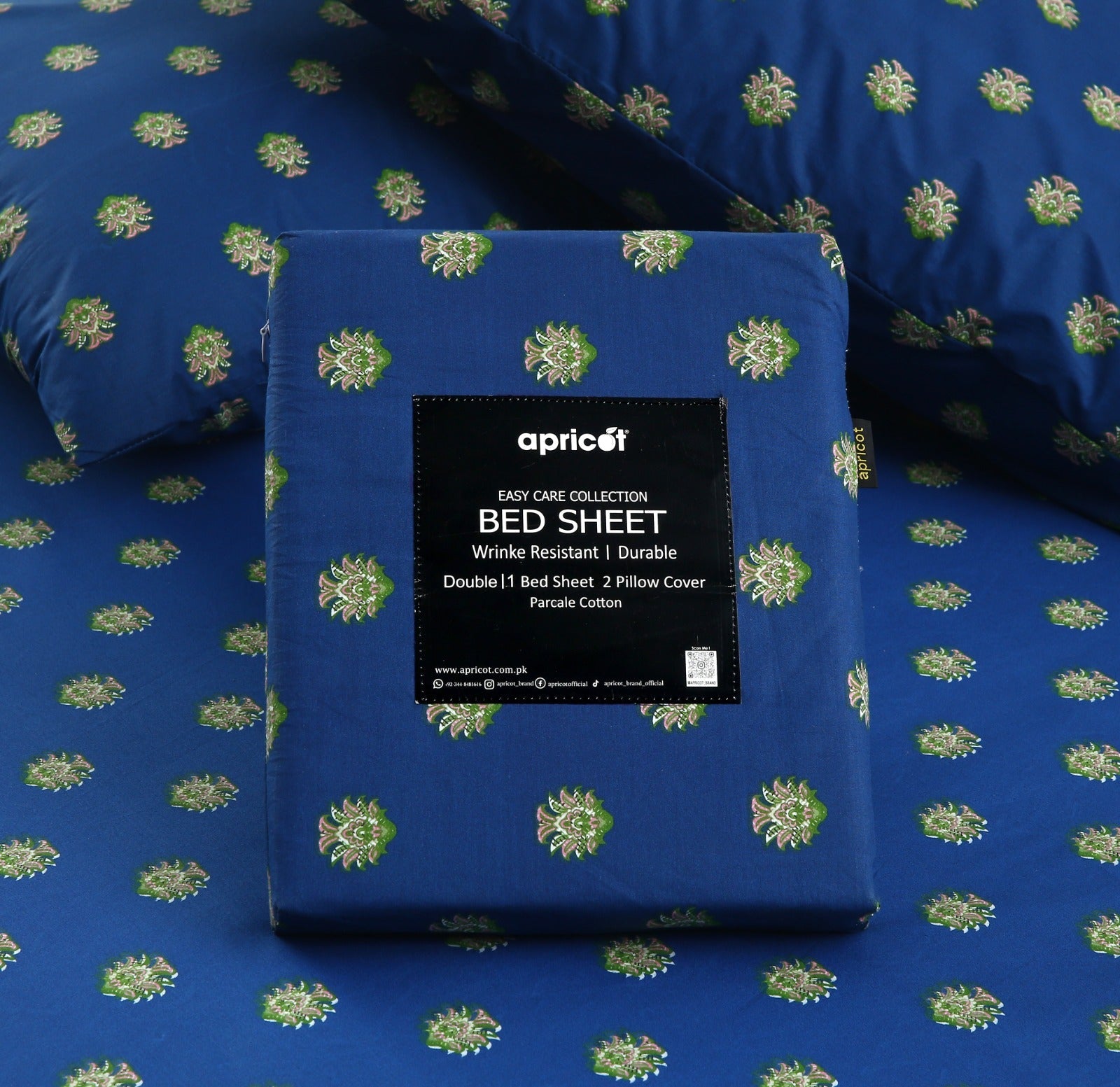3 PCs Double Bed Sheet With Same Packing- Blue Motives Bed Sheets Apricot