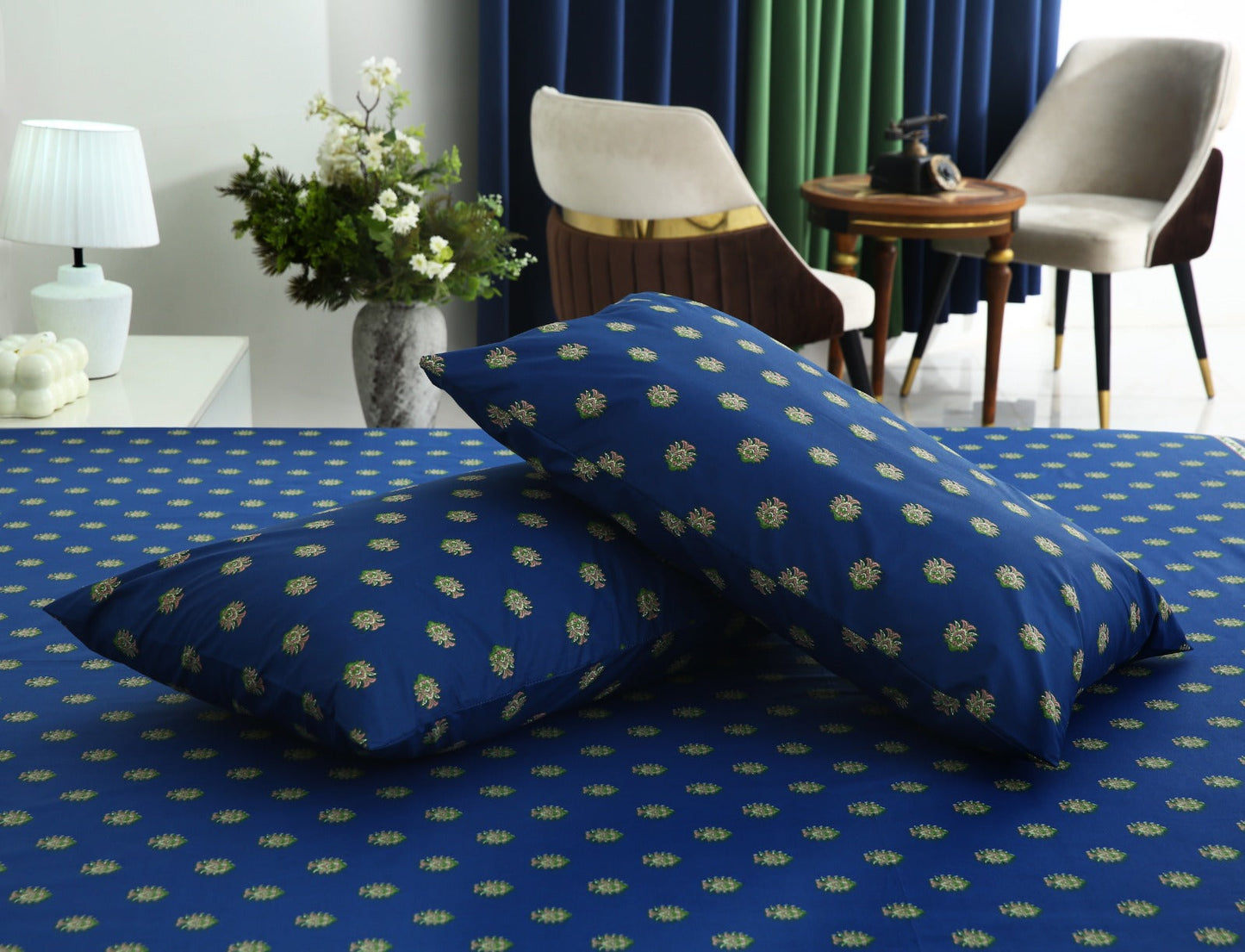 3 PCs Double Bed Sheet With Same Packing- Blue Motives Bed Sheets Apricot
