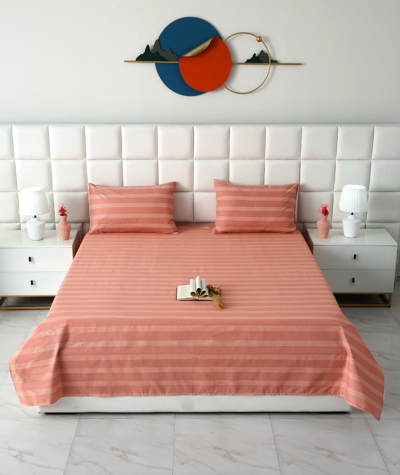 3 PCs Double Bed Sheet With Same Packing- Peach Boders Bed Sheets Apricot