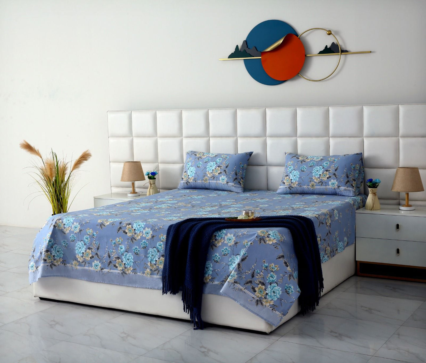 3 PCs Double Bed Sheet With Same Packing- Ocean Flowers Bed Sheets Apricot