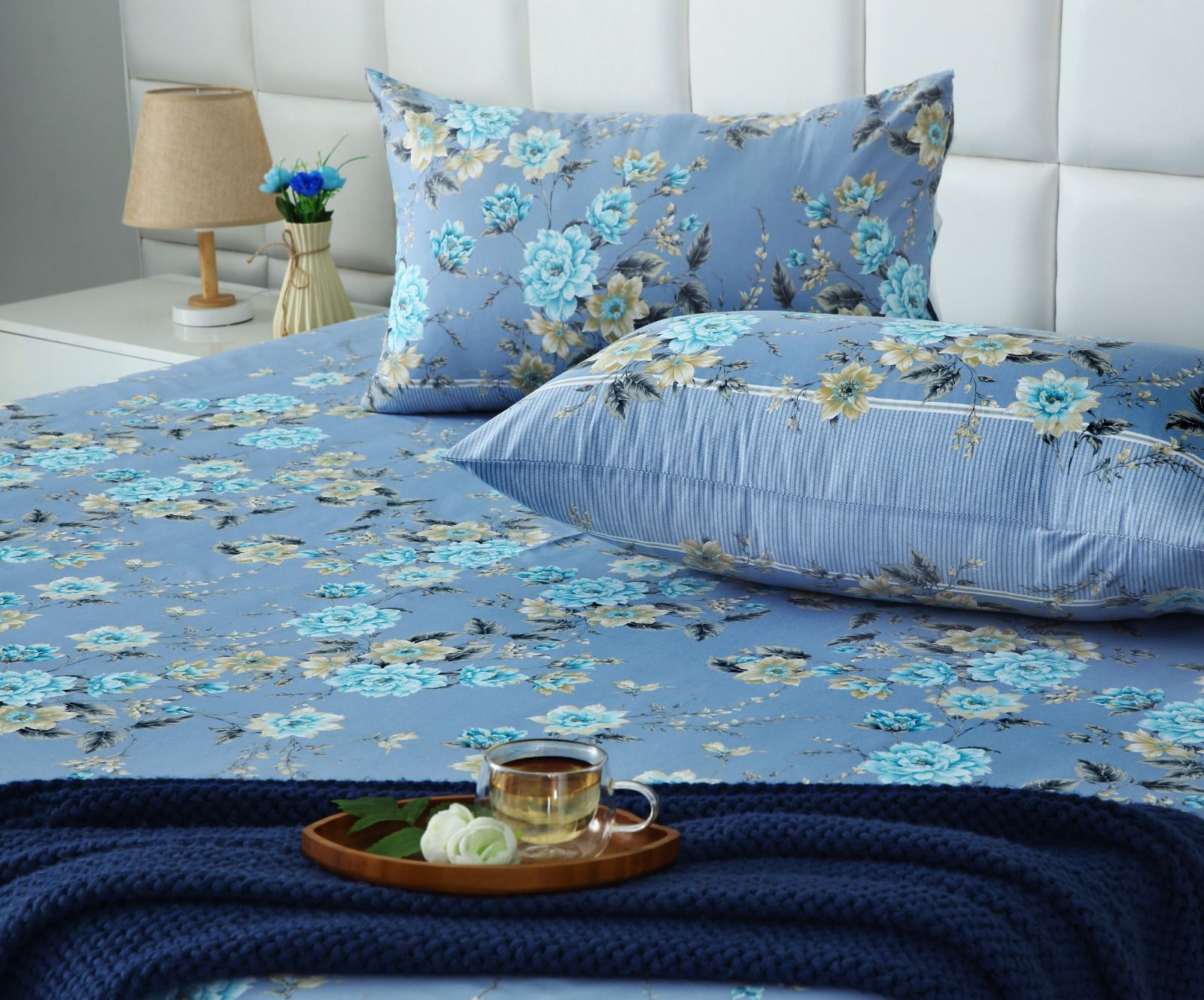 3 PCs Double Bed Sheet With Same Packing- Ocean Flowers Bed Sheets Apricot