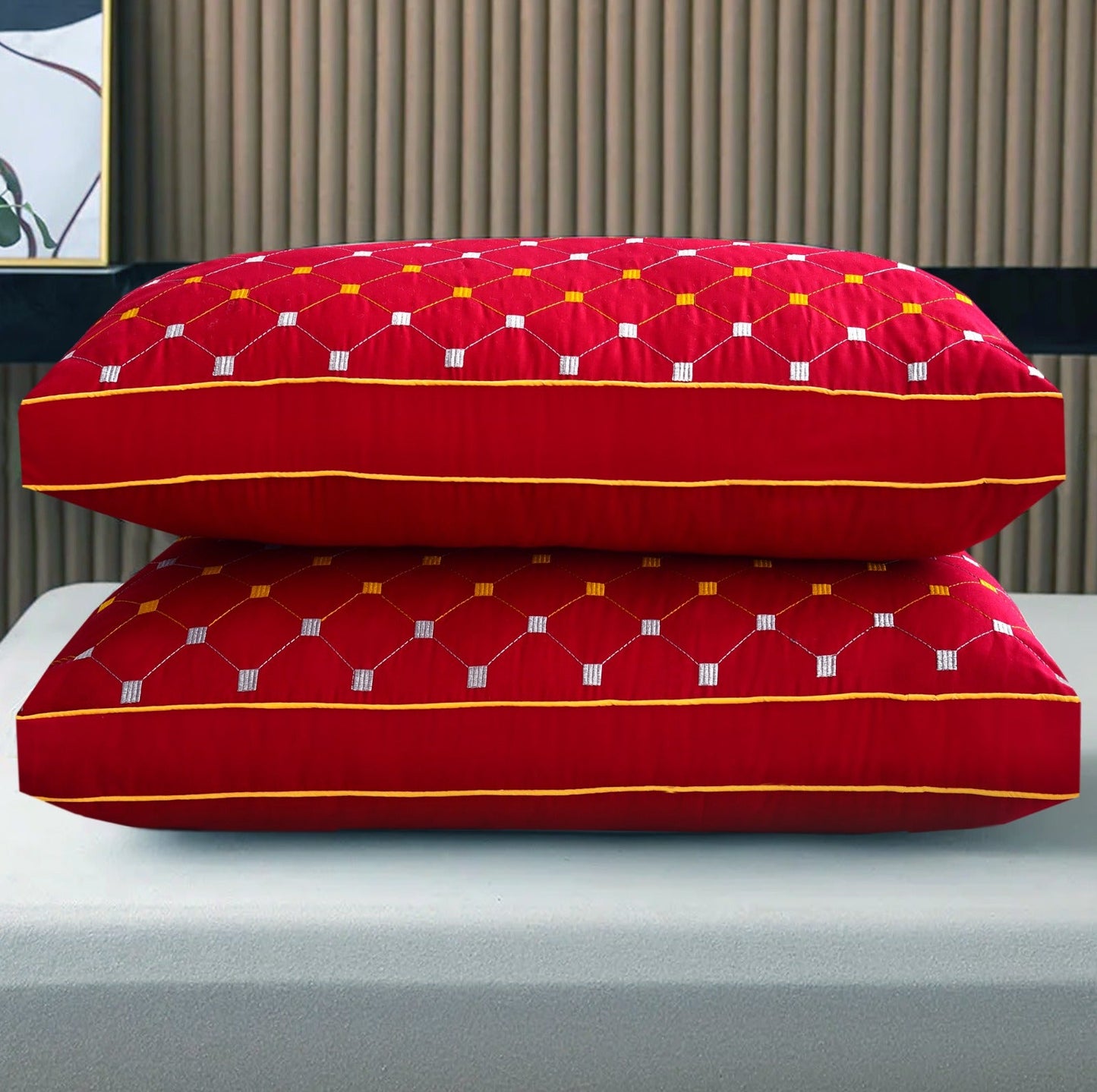 2PCs Embroidered Bed Pillows- Burgundy FILLINGS The Apricot Linen