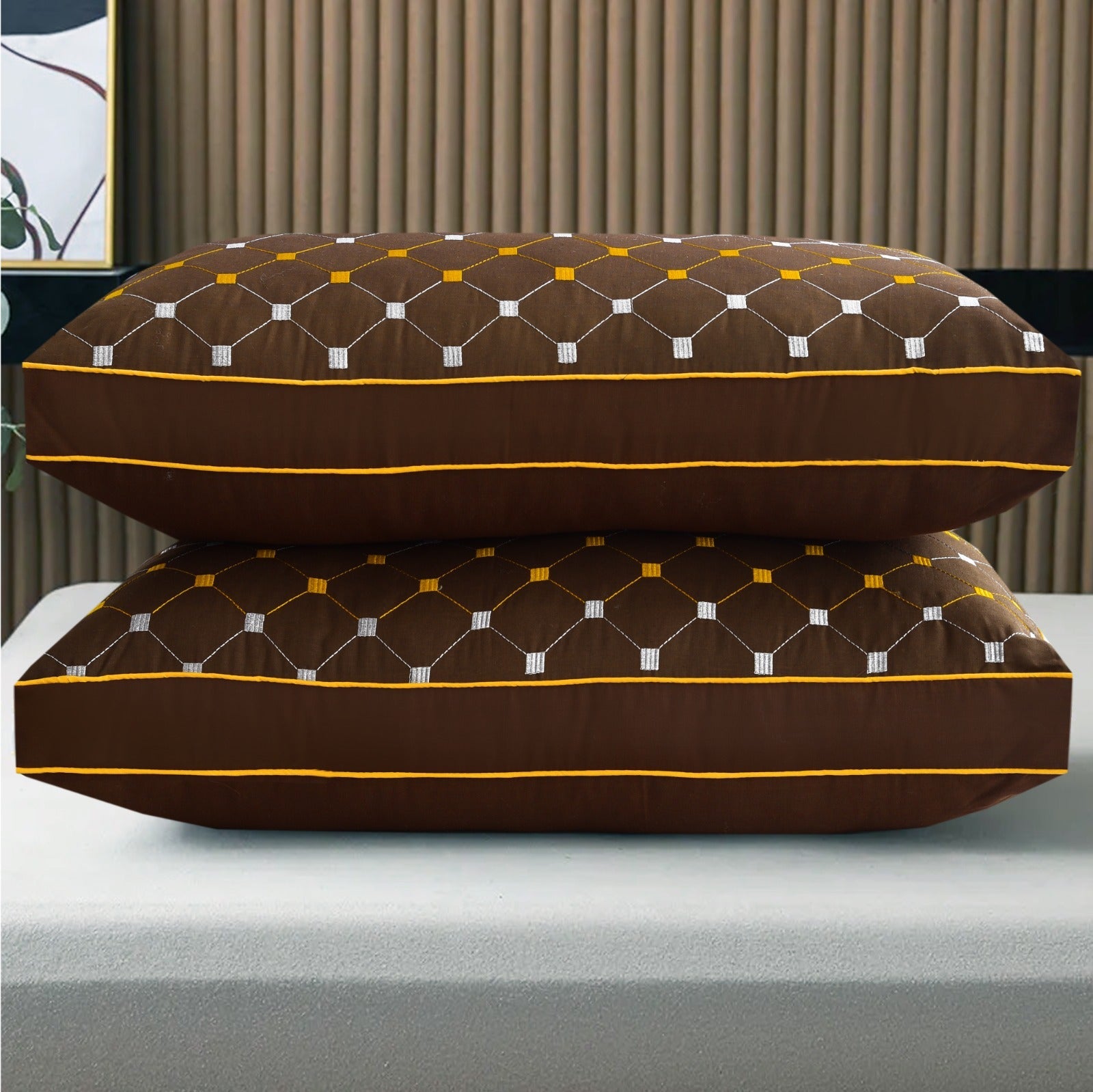 2PCs Embroidered Bed Pillows- Brown FILLINGS The Apricot Linen