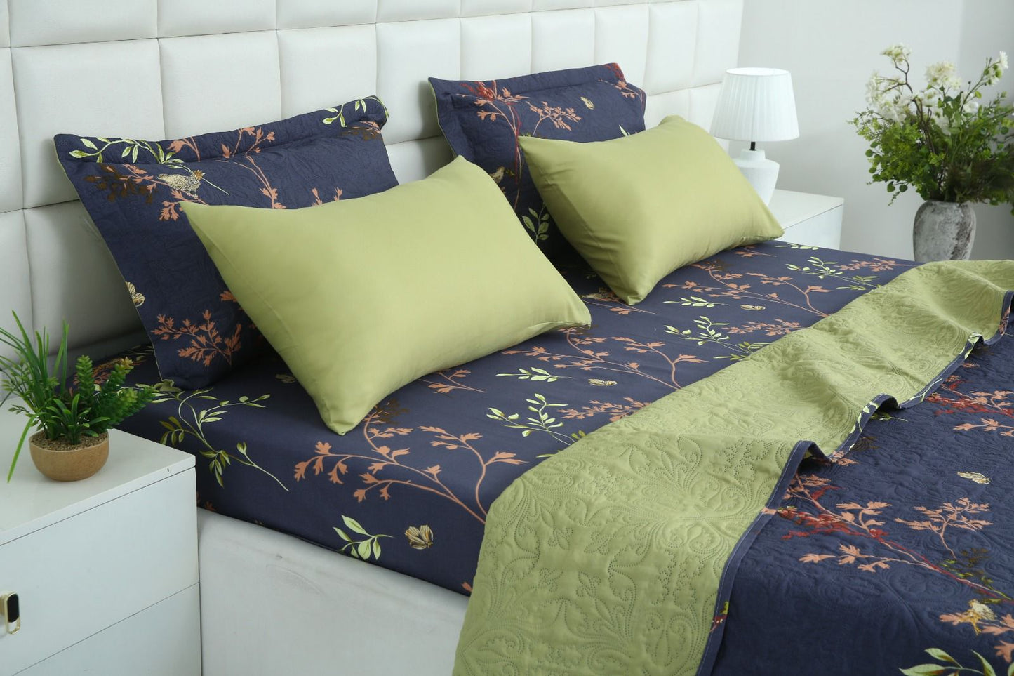 6 PCs Bed Spread Set- Retro Leaf Bed Spread Apricot