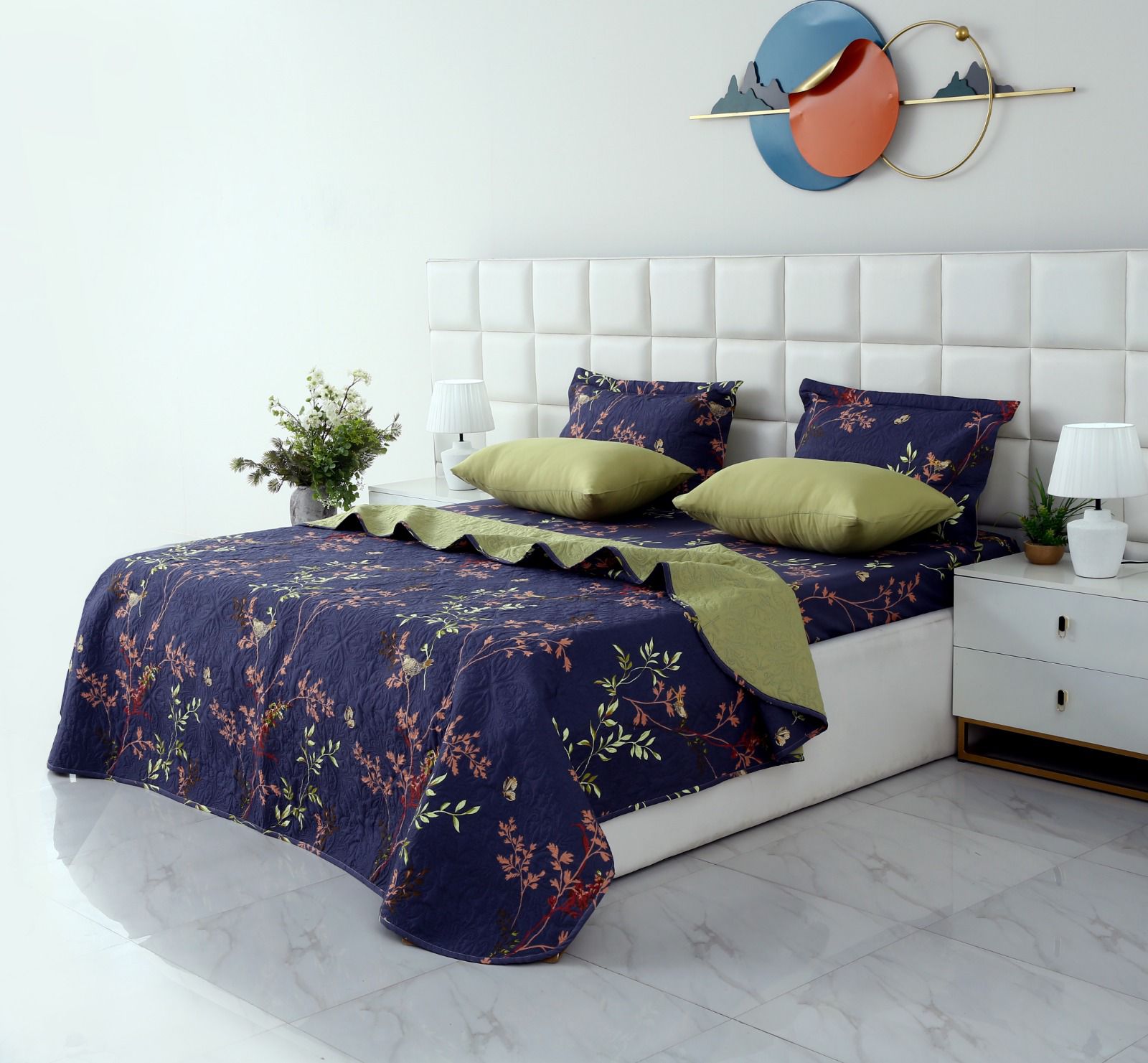 6 PCs Bed Spread Set- Retro Leaf Bed Spread Apricot
