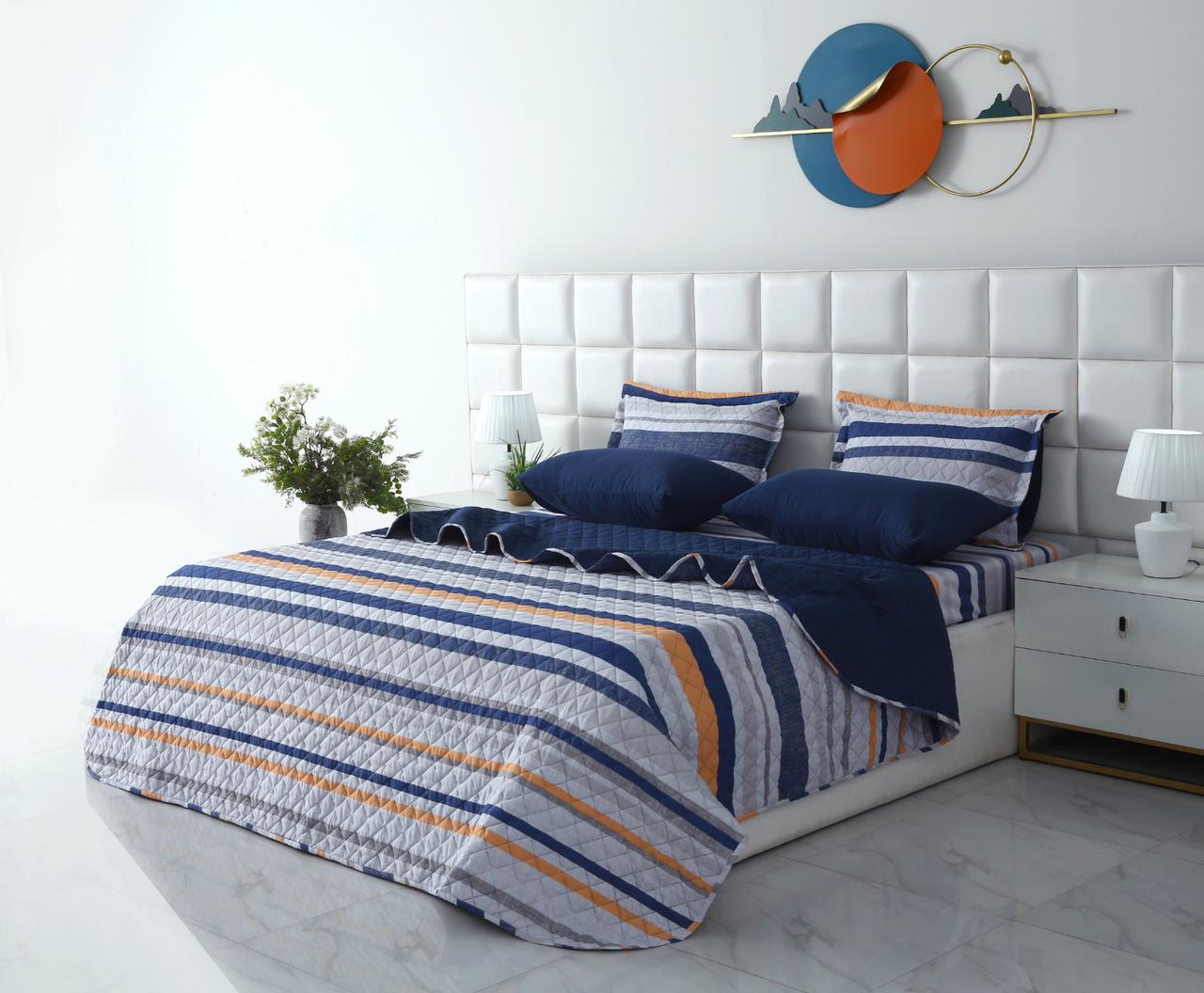 6 PCs Bed Spread Set- Multi Bands Bed Spread Apricot