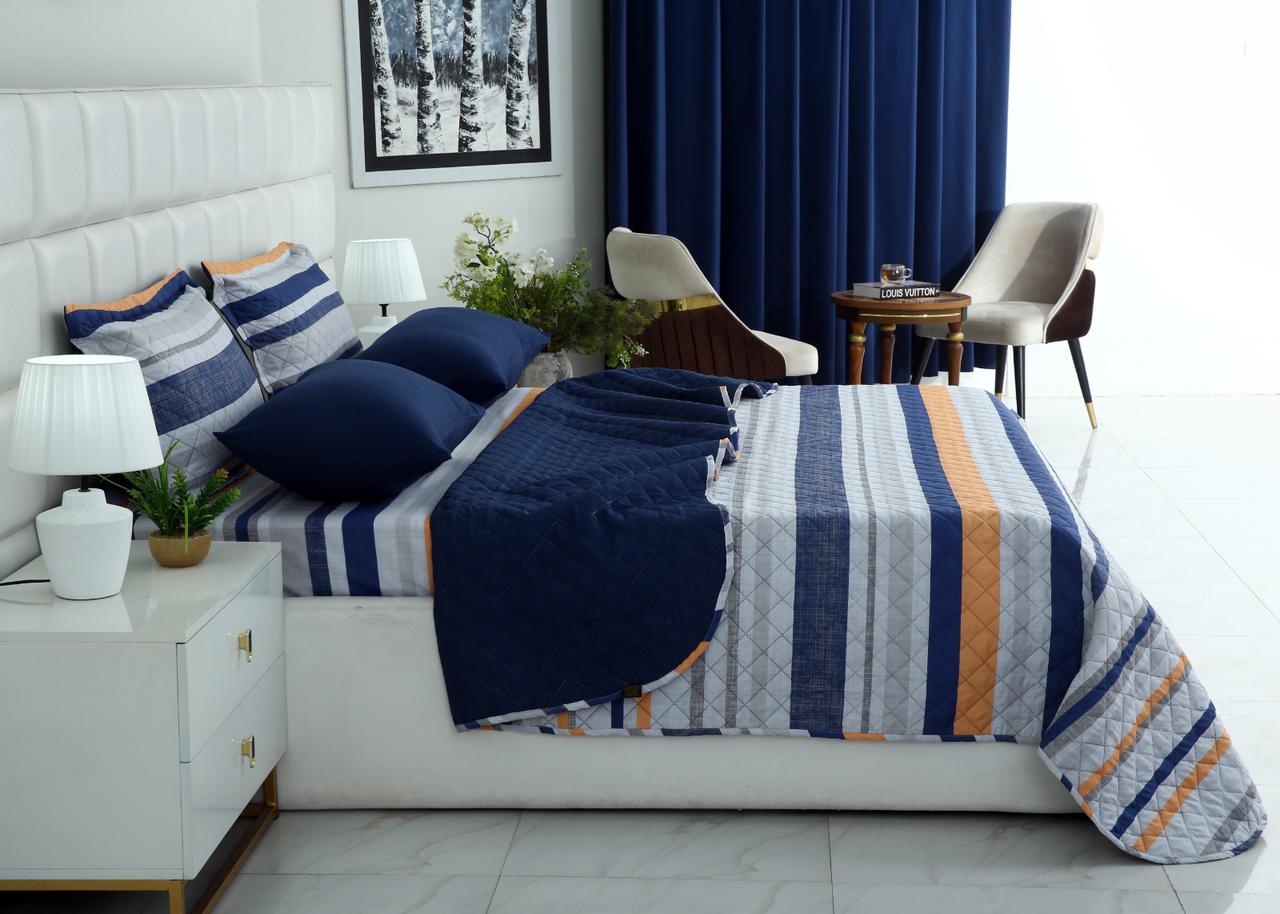 6 PCs Bed Spread Set- Multi Bands Bed Spread Apricot