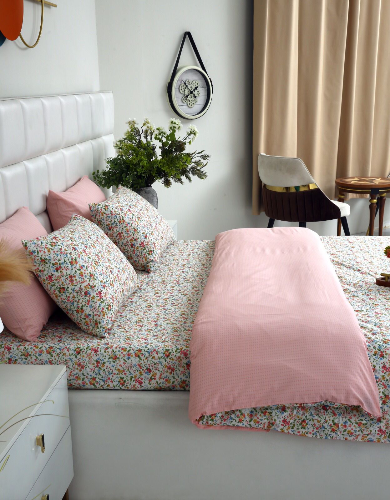 6PCs Duvet Cover- Pink Tiny Flowers Bed Sheets Apricot