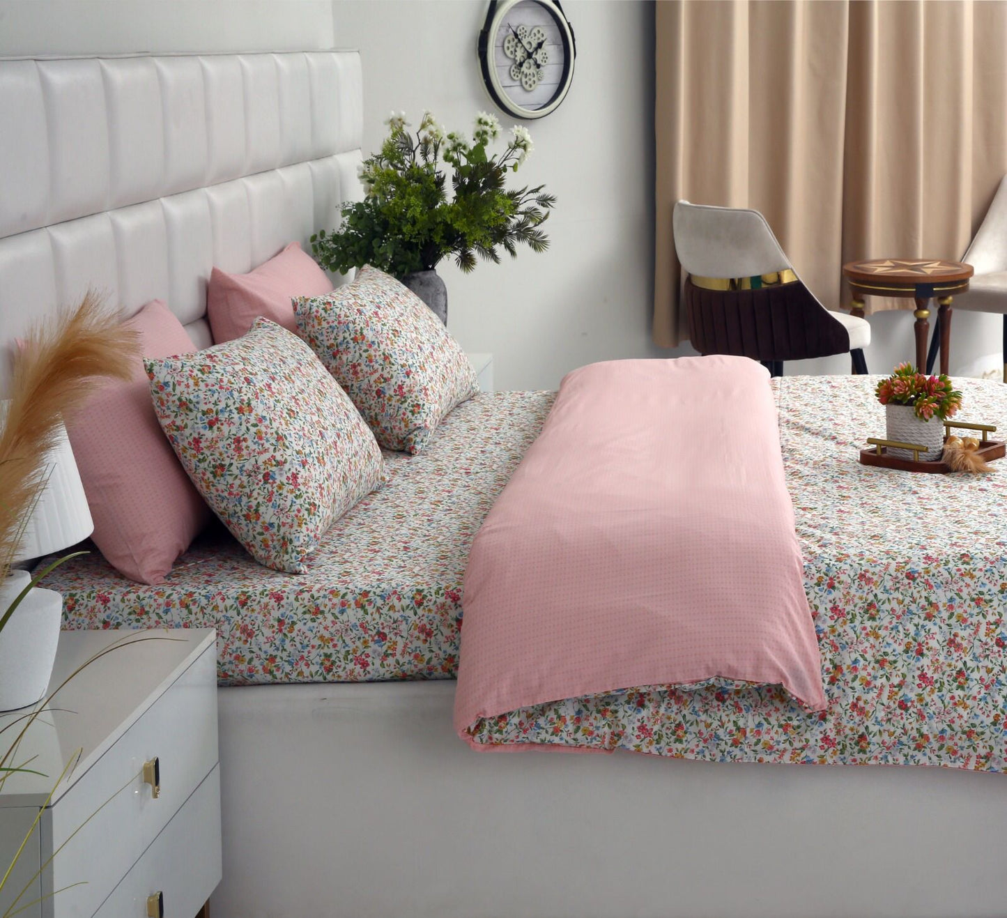 6PCs Duvet Cover- Pink Tiny Flowers Bed Sheets Apricot