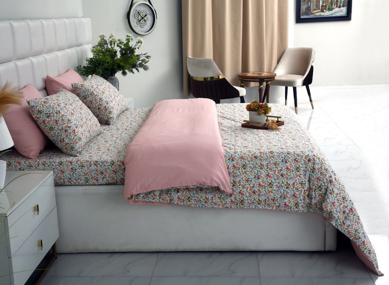 6PCs Duvet Cover- Pink Tiny Flowers Bed Sheets Apricot