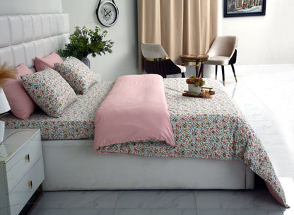 6PCs Duvet Cover- Pink Tiny Flowers Bed Sheets Apricot