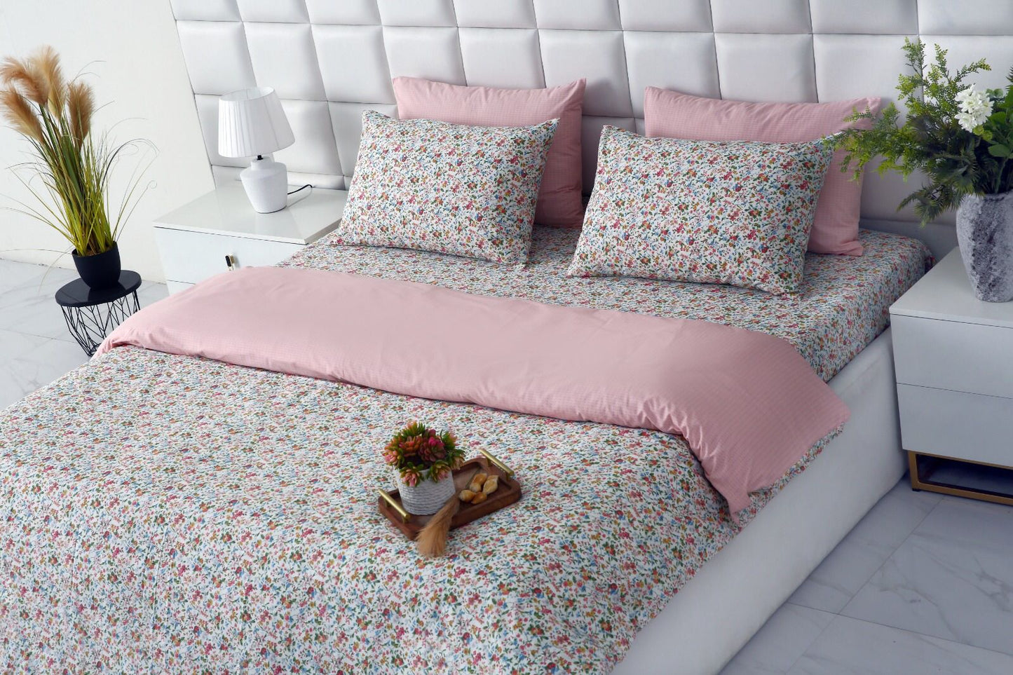 6PCs Duvet Cover- Pink Tiny Flowers Bed Sheets Apricot