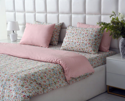 6PCs Duvet Cover- Pink Tiny Flowers Bed Sheets Apricot