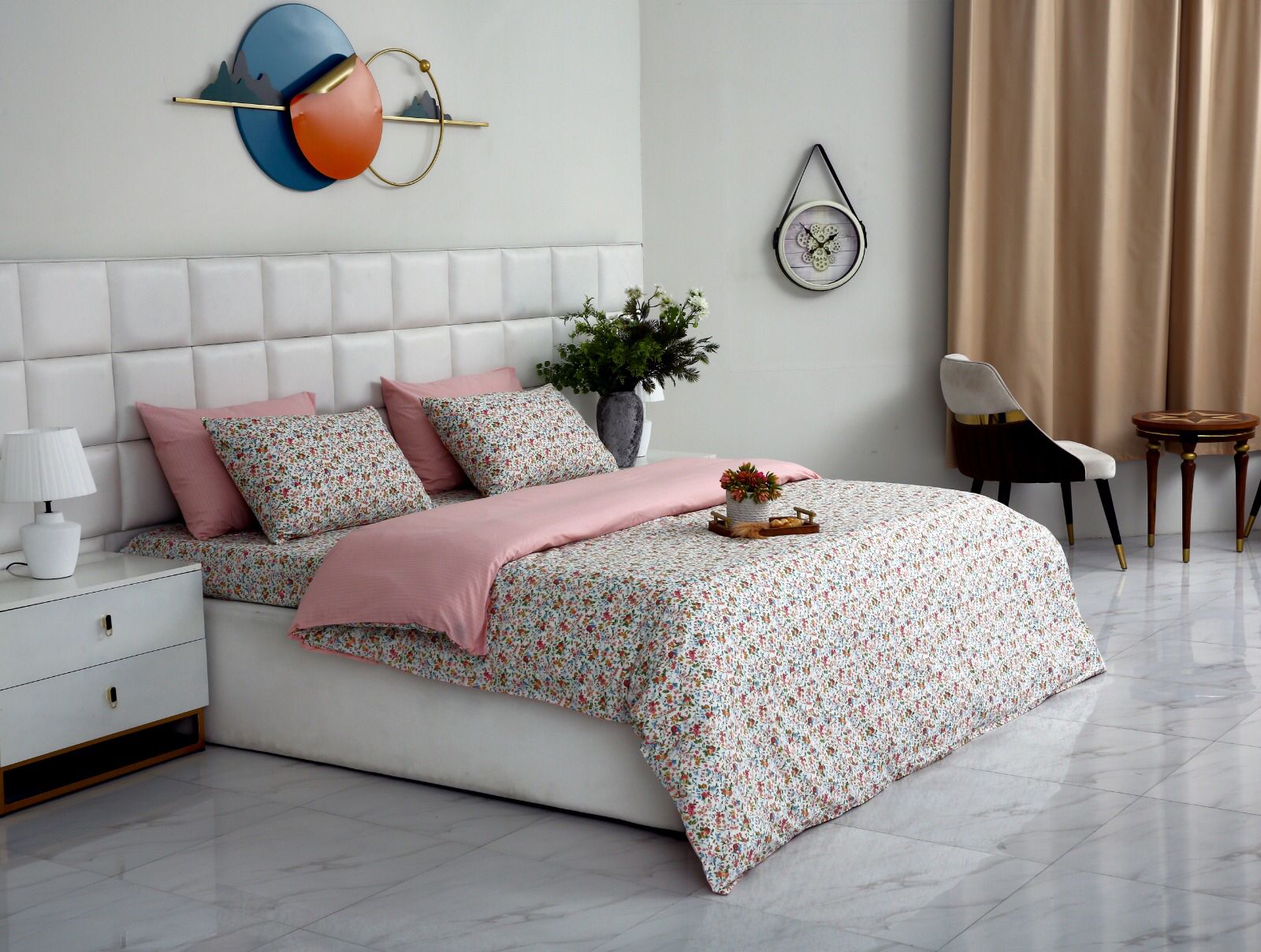 6PCs Duvet Cover- Pink Tiny Flowers Bed Sheets Apricot