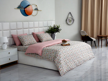 6PCs Duvet Cover- Pink Tiny Flowers Bed Sheets Apricot