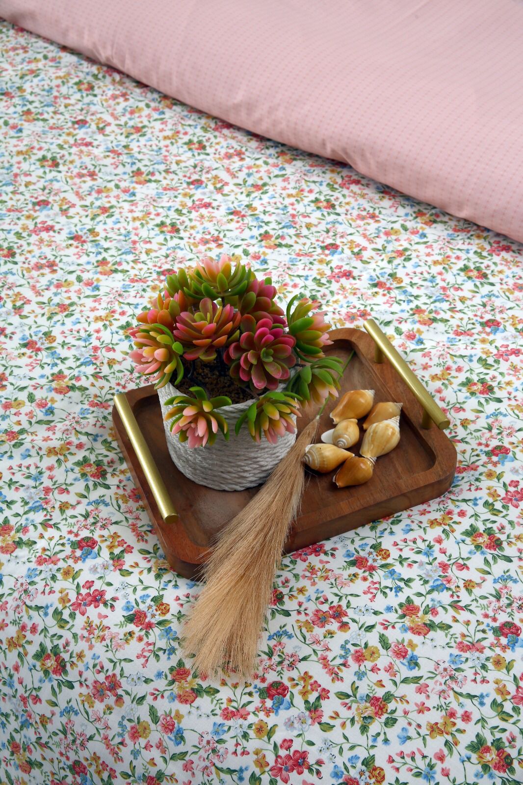 6PCs Duvet Cover- Pink Tiny Flowers Bed Sheets Apricot