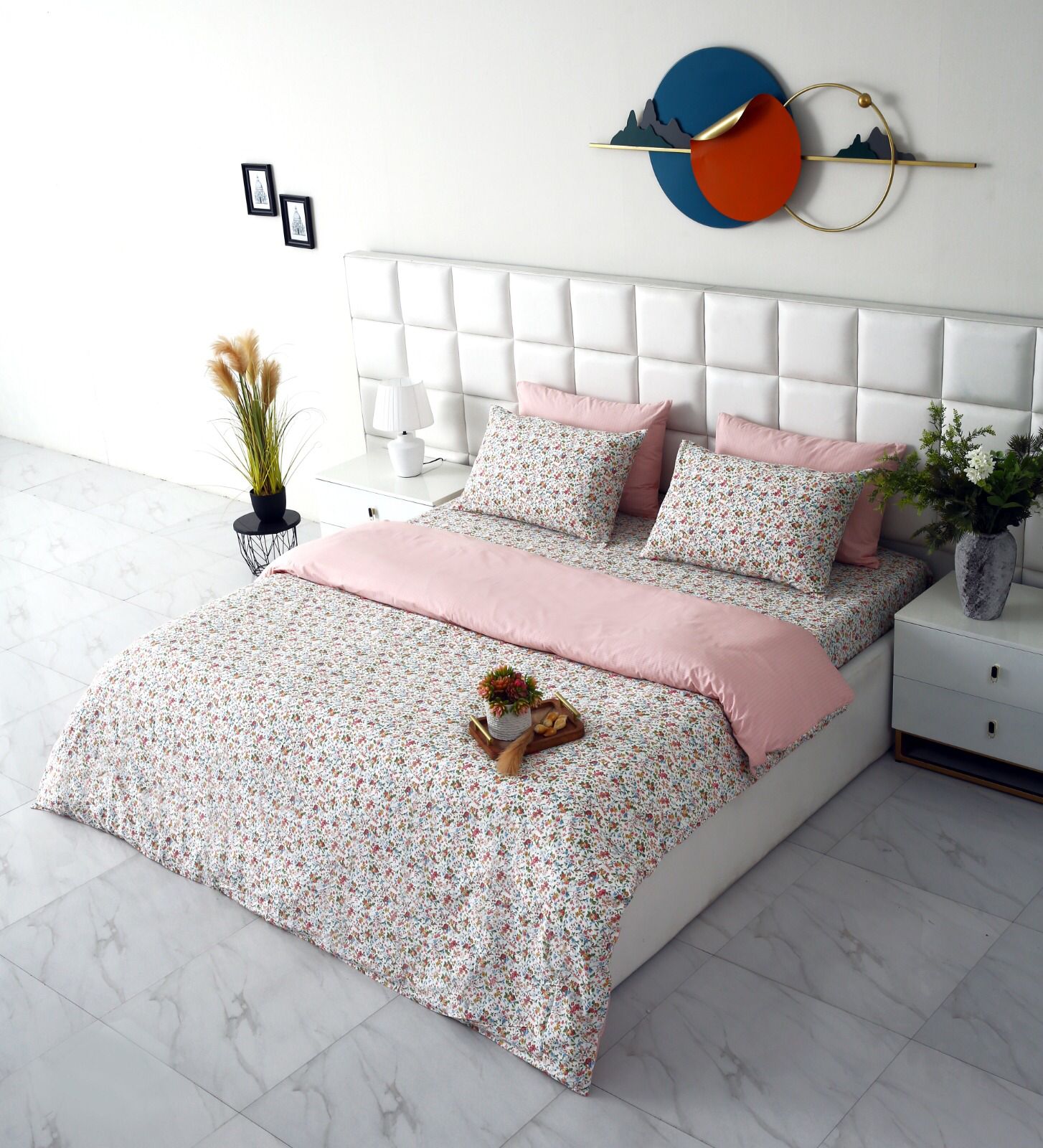 6PCs Duvet Cover- Pink Tiny Flowers Bed Sheets Apricot