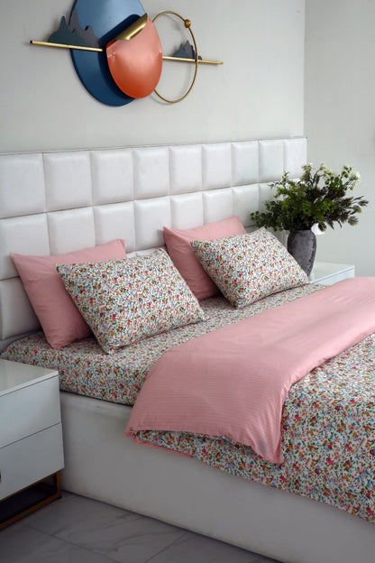 6PCs Duvet Cover- Pink Tiny Flowers Bed Sheets Apricot