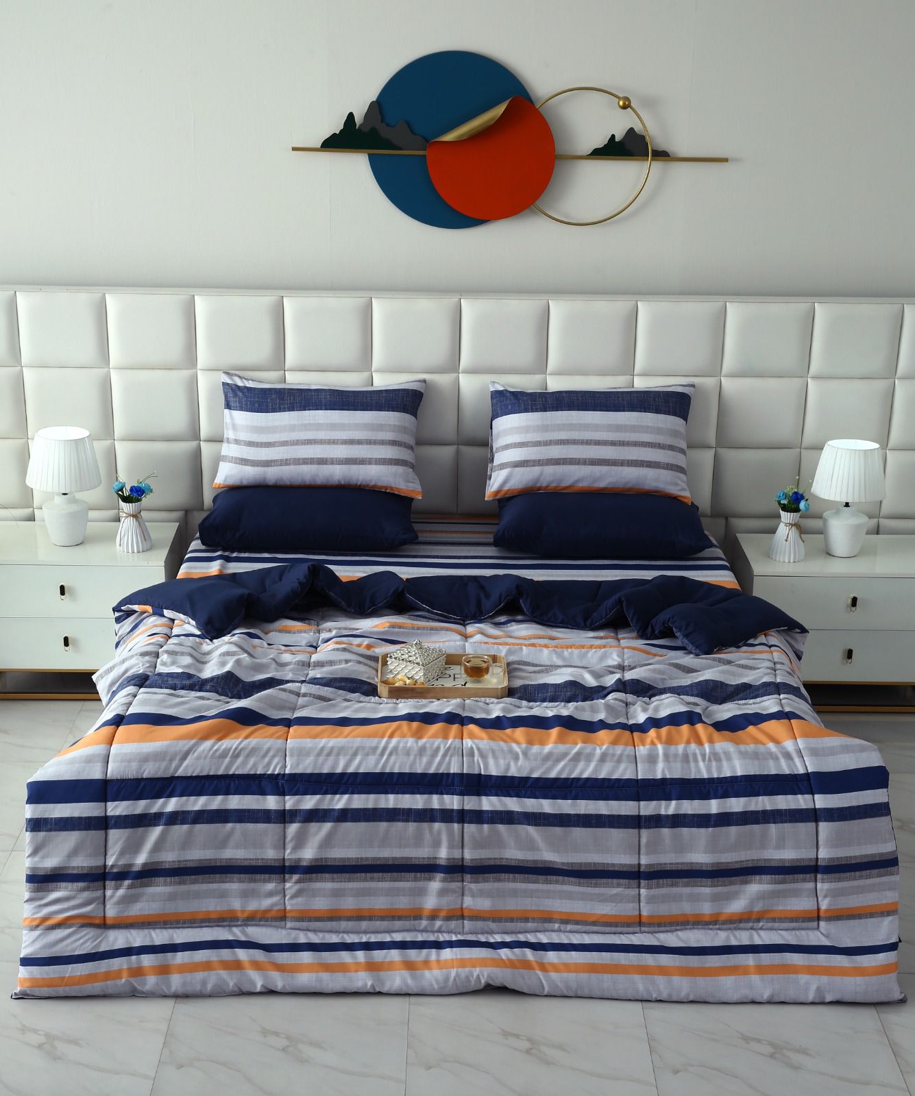 6 PCs Summer Comforter Set- Multi Bands Bed Spread Apricot