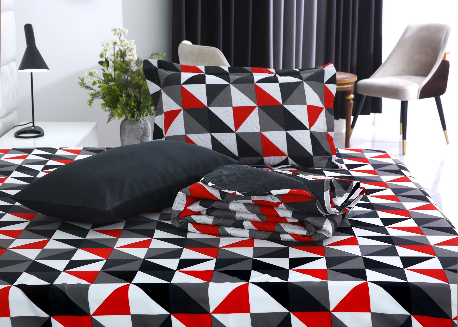 6 PCs Bed Spread Set- Abstract Geometric Bed Spread Apricot