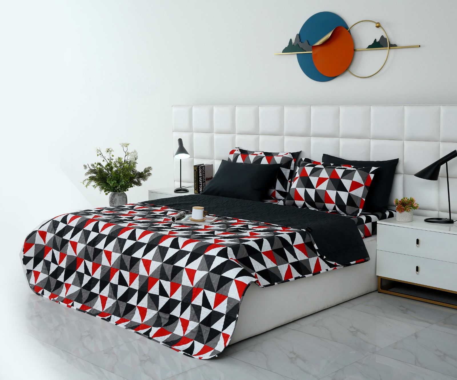 6 PCs Bed Spread Set- Abstract Geometric Bed Spread Apricot